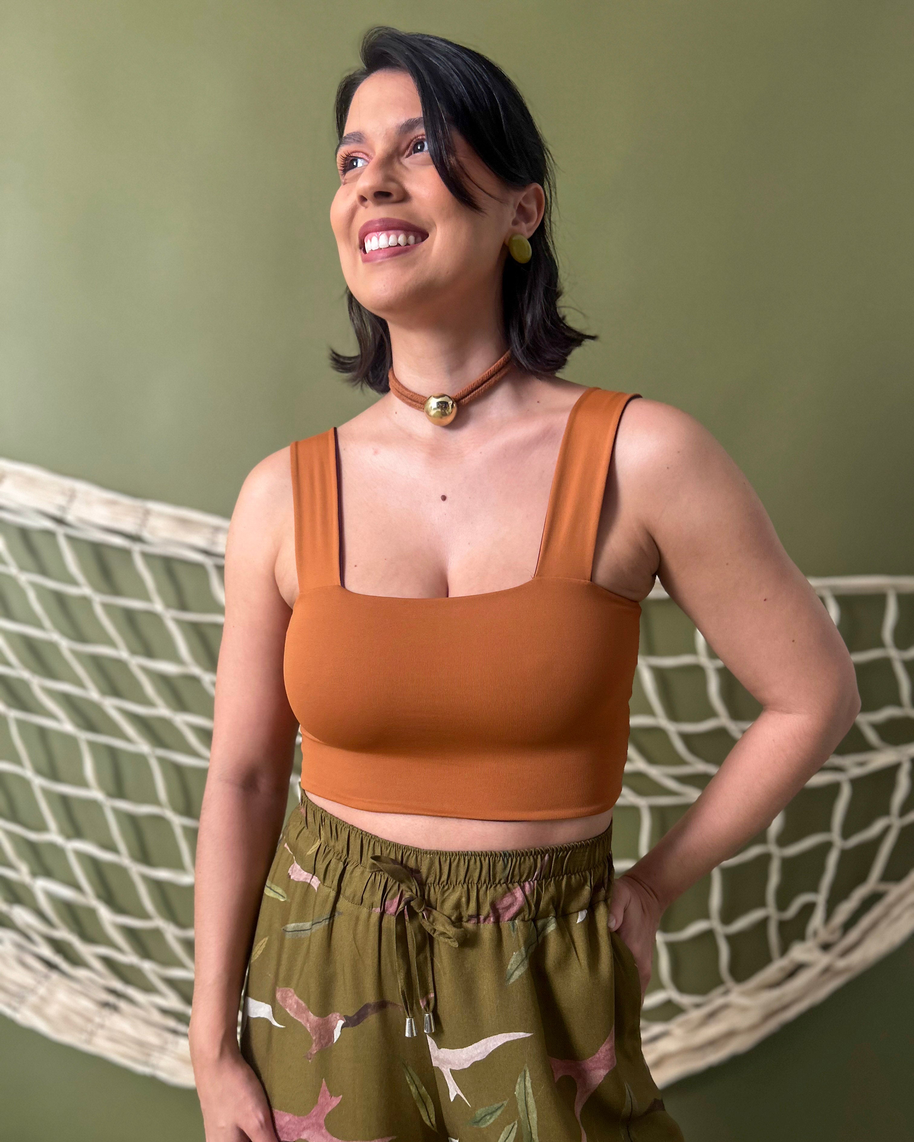 Top Reto Dupla Face Caramelo + Berinjela