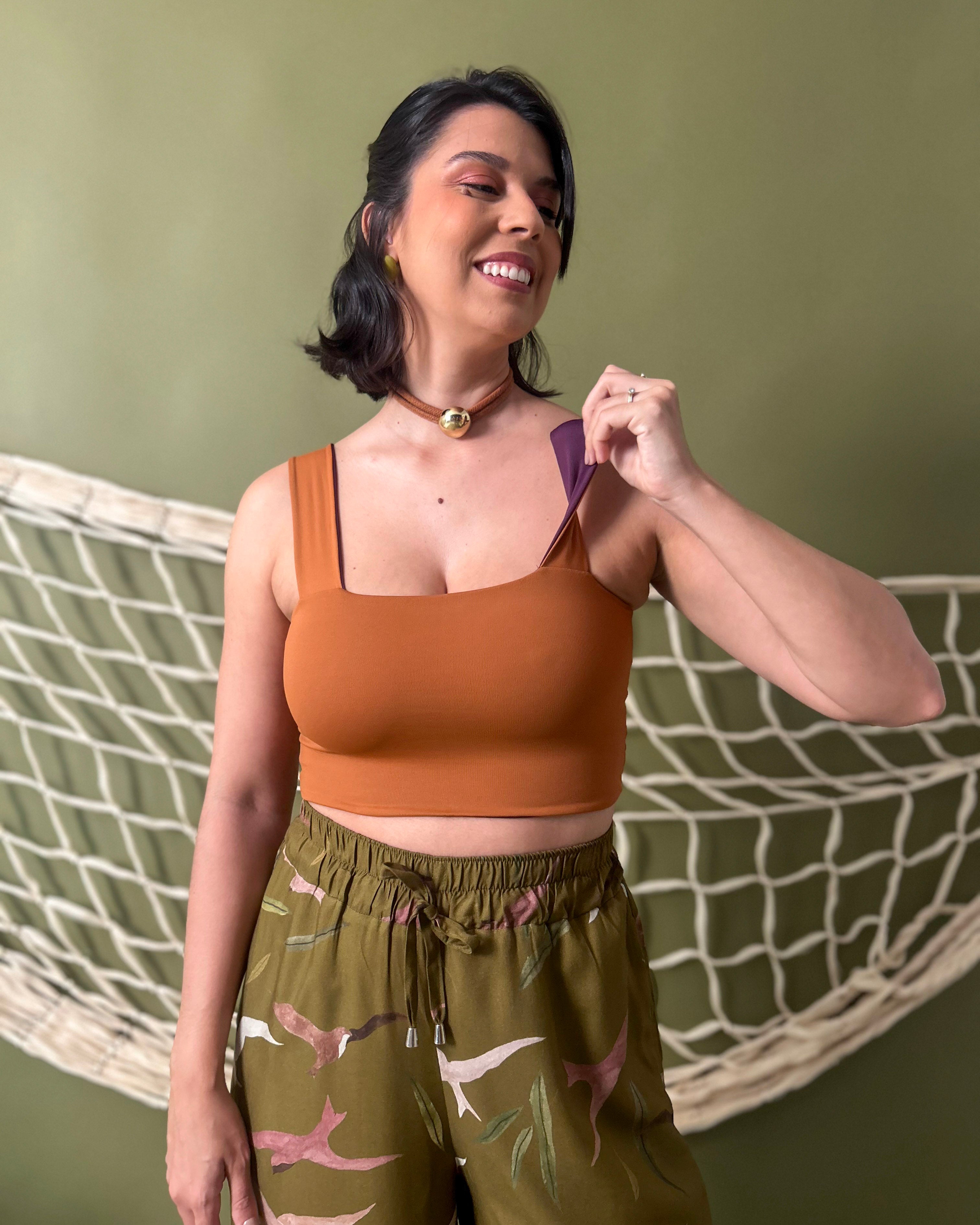 Top Reto Dupla Face Caramelo + Berinjela