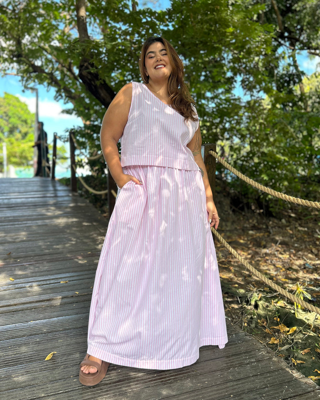 Saia Ampla Listras Rosa
